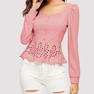 Classy Buttoned Front Laser Cut Hem Puff Sleeve Top